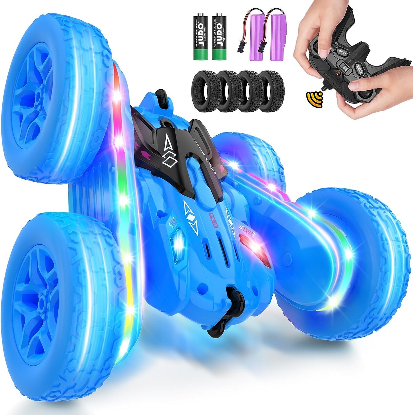 Remote Control Stunt Car-LED Light Strips, Headlights, 2.4GHz All-Terrain Double-Sided 360° Rotating RC Vehicle Ages 8+