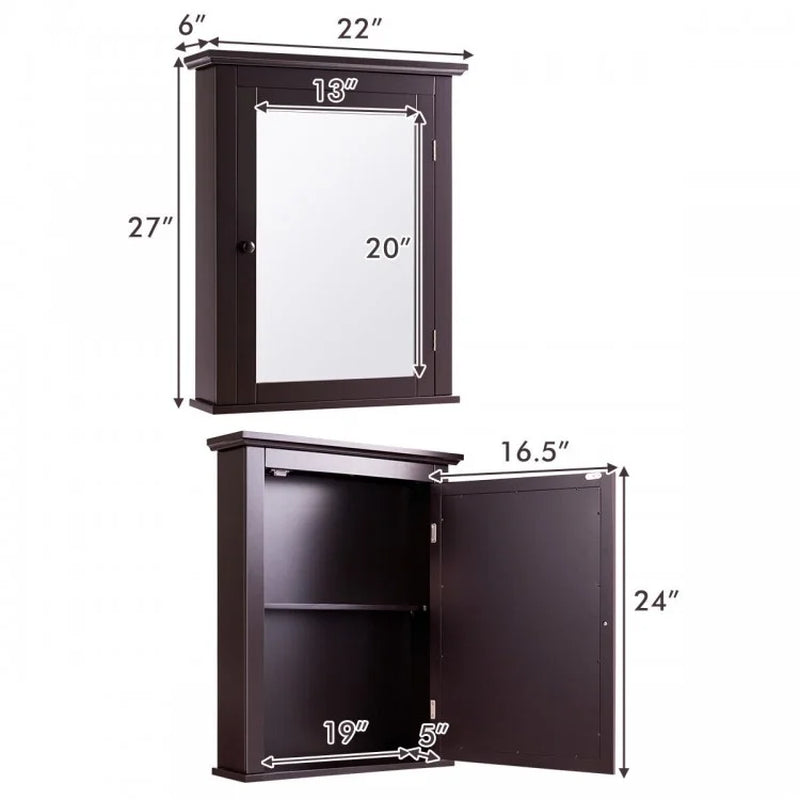 Wall Mount Bathroom Cabinet with One Mirror Single Door Adjustable Shelves Retro Handle