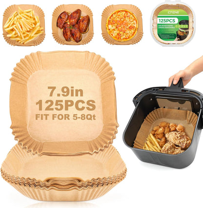 Air Fryer Disposable Liners, 125Pcs 7.9 Inch Square Air Fryer Parchment Paper Liners for 5 to 8 Qt Basket, Food Grade Baking Paper for Microwave Baking Roasting