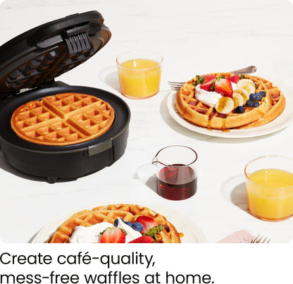 Professional Anti-Overflow Belgian Waffle Maker with Shade Selector, Temperature Control, Mess-Free Moat, Round Nonstick Plates, Cool Touch Handle, and Measuring Cup - Black