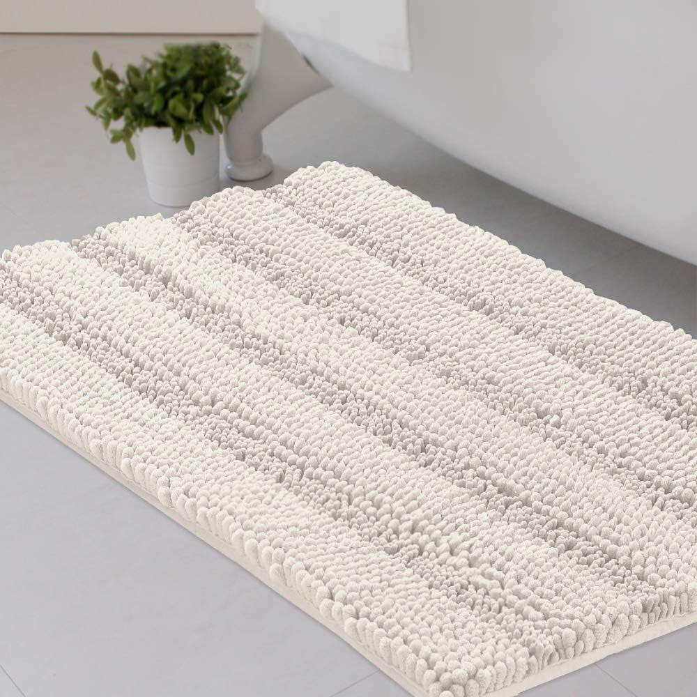 Set of 2 Striped Anti-Slip Bath Mats - Soft Plush Chenille Shaggy Floor Mats  - Water Absorbent (Grey, 32 x 20 & 24 x 17 Inches)