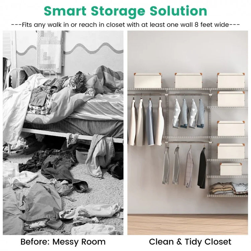 Adjustable Closet Organization System with Shelving and Hanging Rods for 4 to 6 Feet Spaces