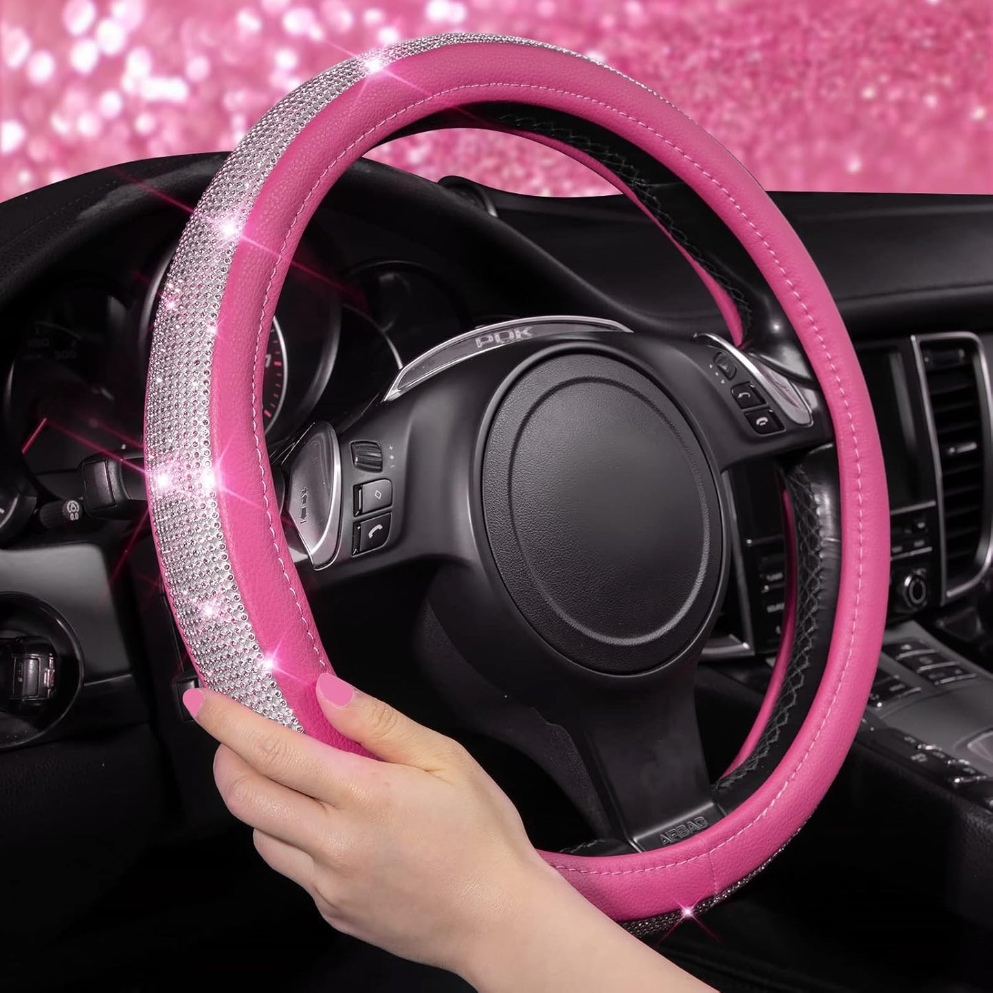 Diamond Pink Leather Steering Wheel Cover - Crystal Rhinestones - Universal Fit 14.5" to 15" - Sparkling Accessory