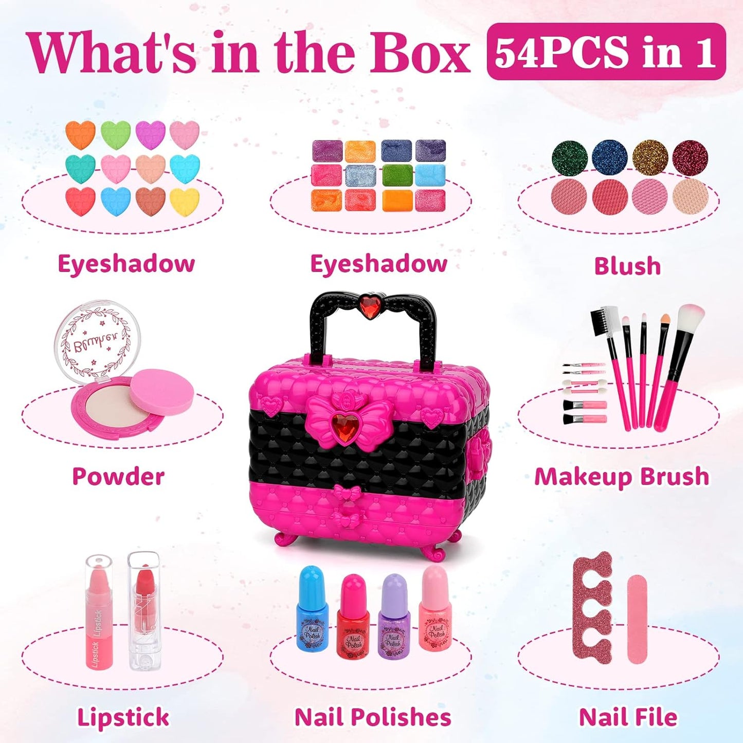 Kids Makeup Kit Girl Toys, 54PCS  Makeup Toys for Girls Washable Makeup Princess Make up Girl Toys Age 4 5 6 7 8 9 Birthday Gift