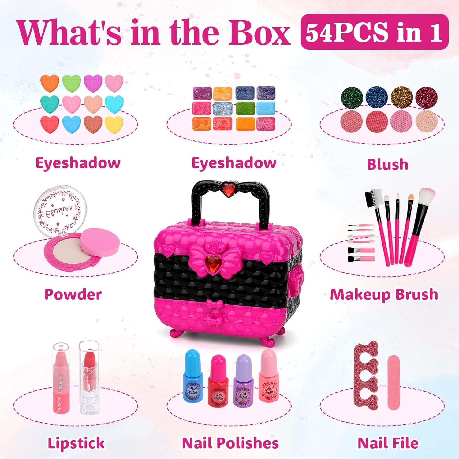 Kids Makeup Kit Girl Toys, 54PCS  Makeup Toys for Girls Washable Makeup Princess Make up Girl Toys Age 4 5 6 7 8 9 Birthday Gift