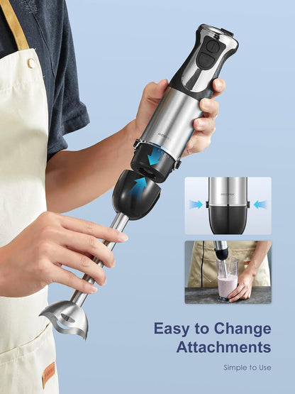 5-in-1 Handheld Immersion Blender, 1000W with Copper Motor and Stainless Steel Blade, Mixing Beaker, Food Processor, Whisk, Milk Frother(Black)