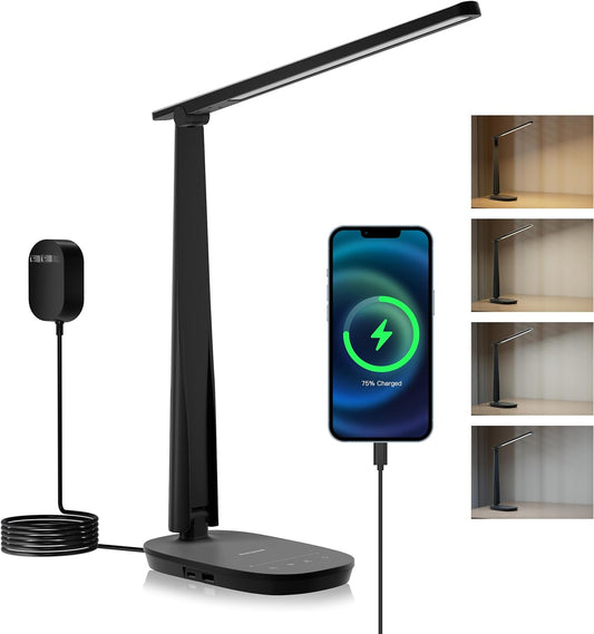 LED Desk Lamp - Eye-Caring, Foldable Design with USB Charging, 4 Color Modes, Stepless Dimming, Auto Timer, Touch Control 