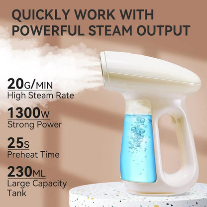 Handheld 1300W Clothes Steamer with 230ml Tank, Fast Heat-Up, Auto-Off Feature, and Brush for Effective Fabric Wrinkle Removal