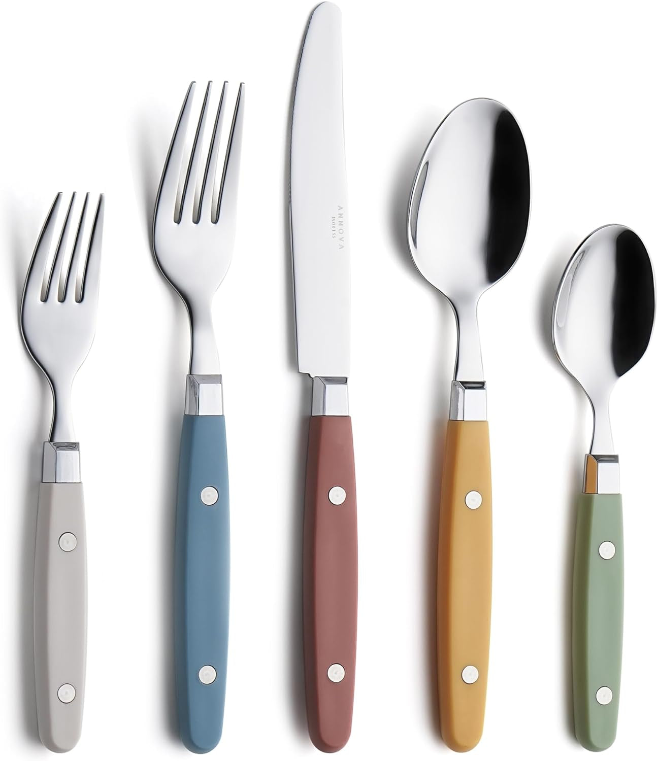 20-Piece Stainless Steel Silverware Set with Colorful Riveted Handles in Retro Morandi Design