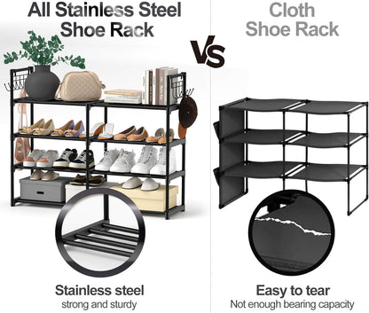 4-Tier Black Metal Shoe Rack with Multifunctional Hooks, Stackable Design for 20 Pairs, Space-Saving Solution for Closets and Showrooms
