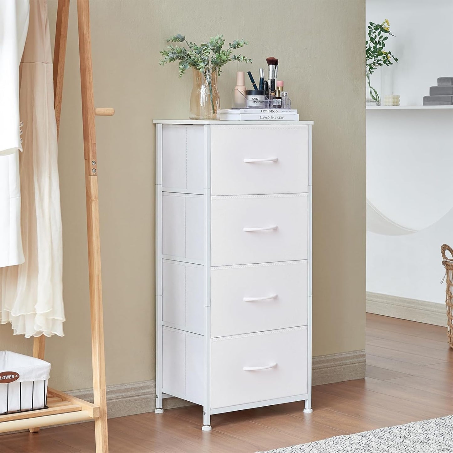 Tall Dresser for Bedroom, 4 Drawer Storage Organizer Chest of Drawers with Removable Fabric Bins - White Leather