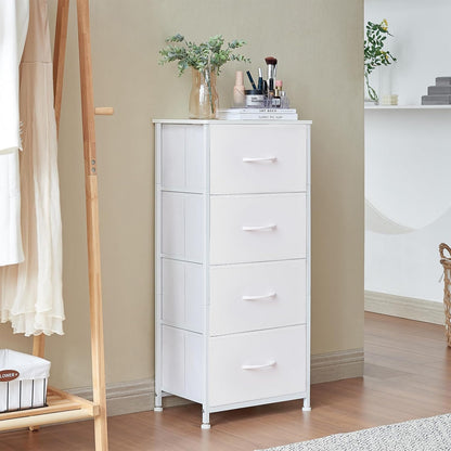 Tall Dresser for Bedroom, 4 Drawer Storage Organizer Chest of Drawers with Removable Fabric Bins - White Leather
