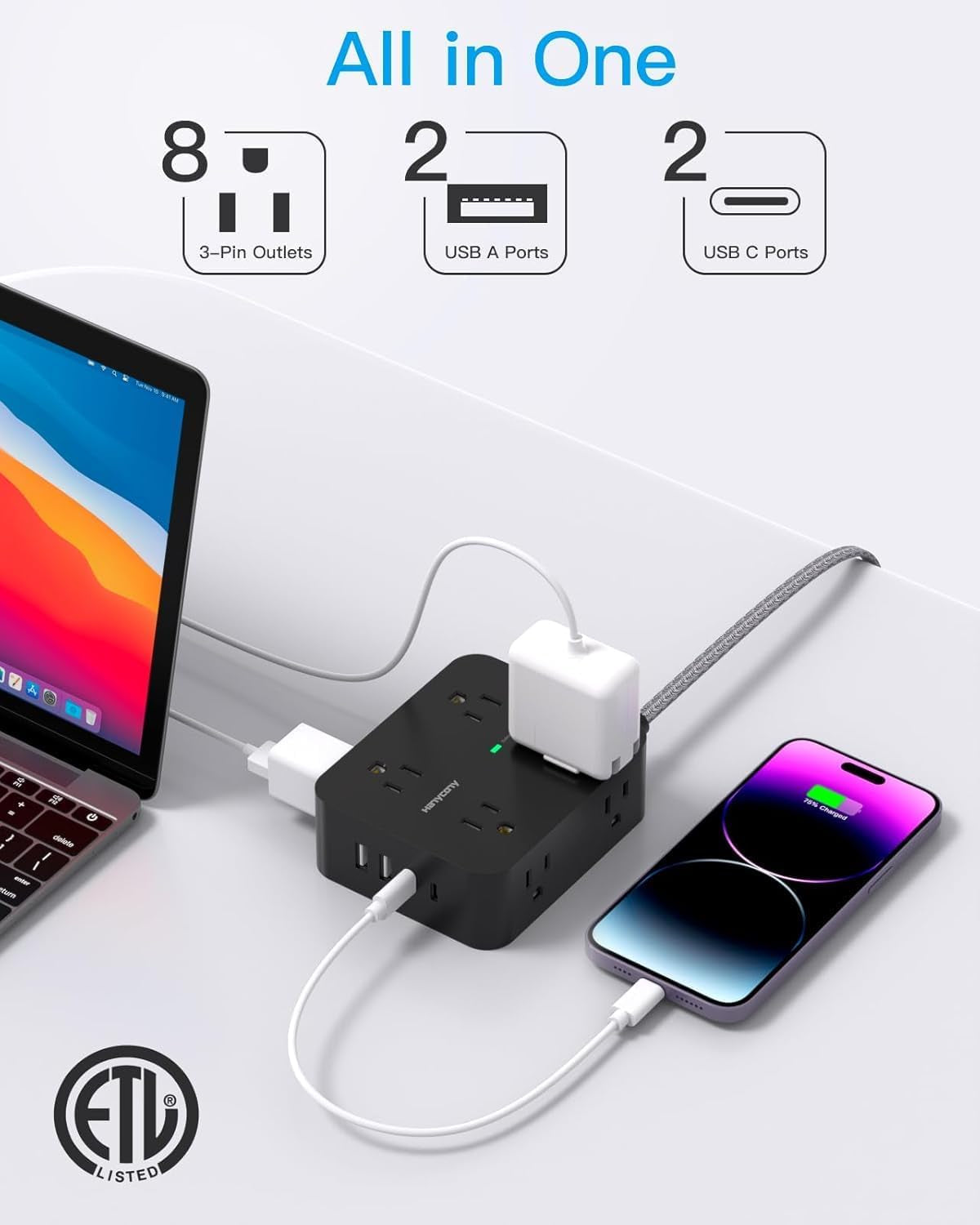 Surge Protector Power Strip -8 Outlets, 4 USB Charging Ports (2 USB-C), 3-Sided Outlet Extender, 5 Ft Braided Extension Cord, Flat Plug, Wall Mount, and Desk Charging Station
