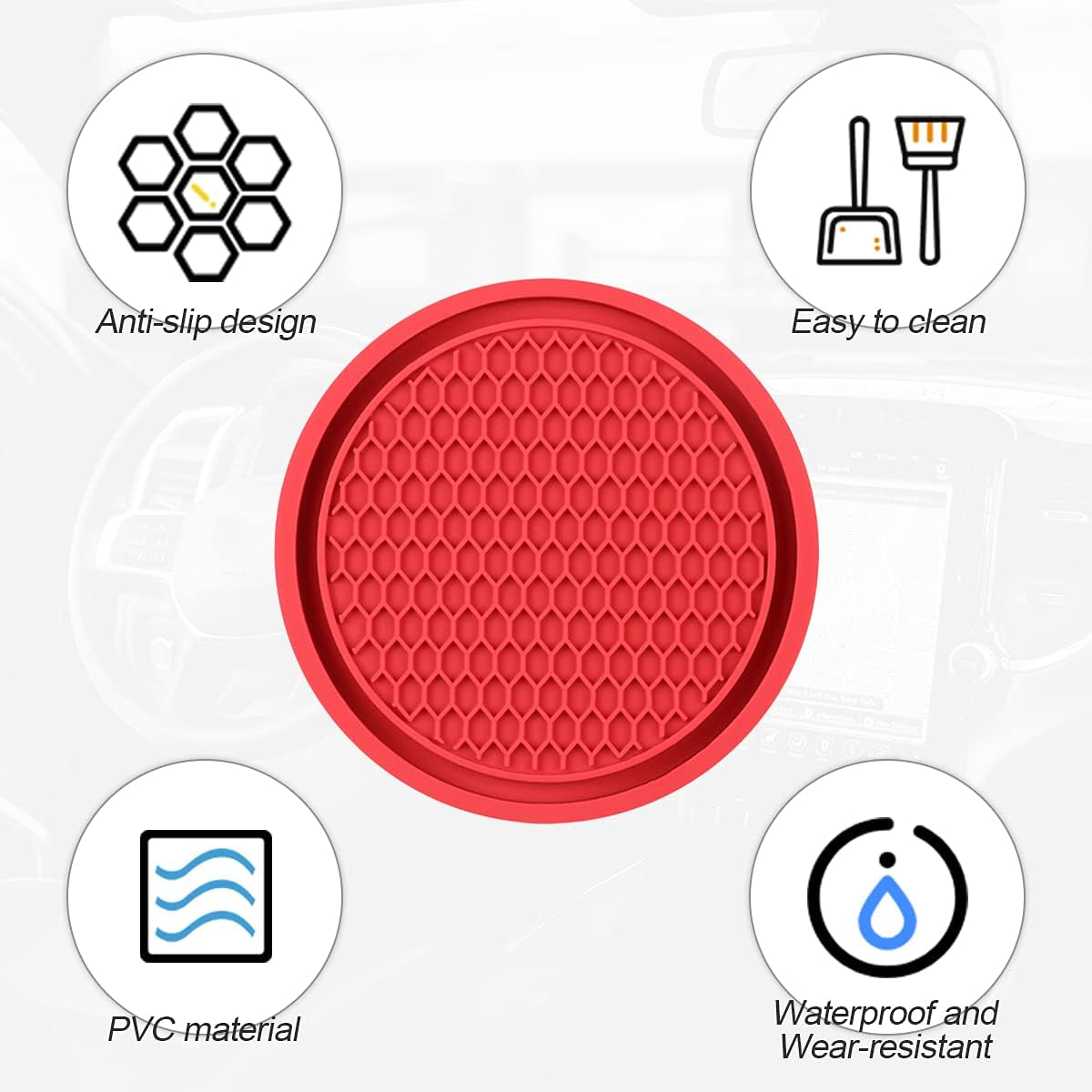 Universal Non-Slip Car Cup Holder Coasters - 4 Pack, 2.75 Inch Diameter, Durable Accessory for Most Vehicle Interiors (Red)