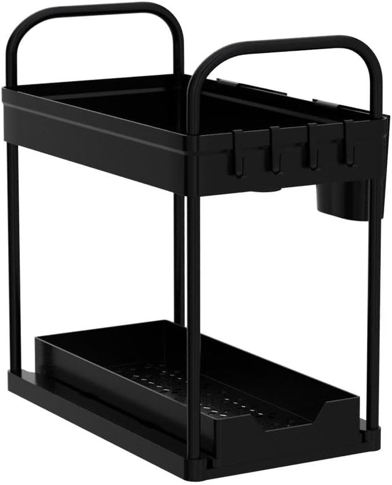 2-Pack 2-Tier Under Sink Organizer with Sliding Design, Hooks, and Hanging Cups for Kitchen and Bathroom Storage - Black
