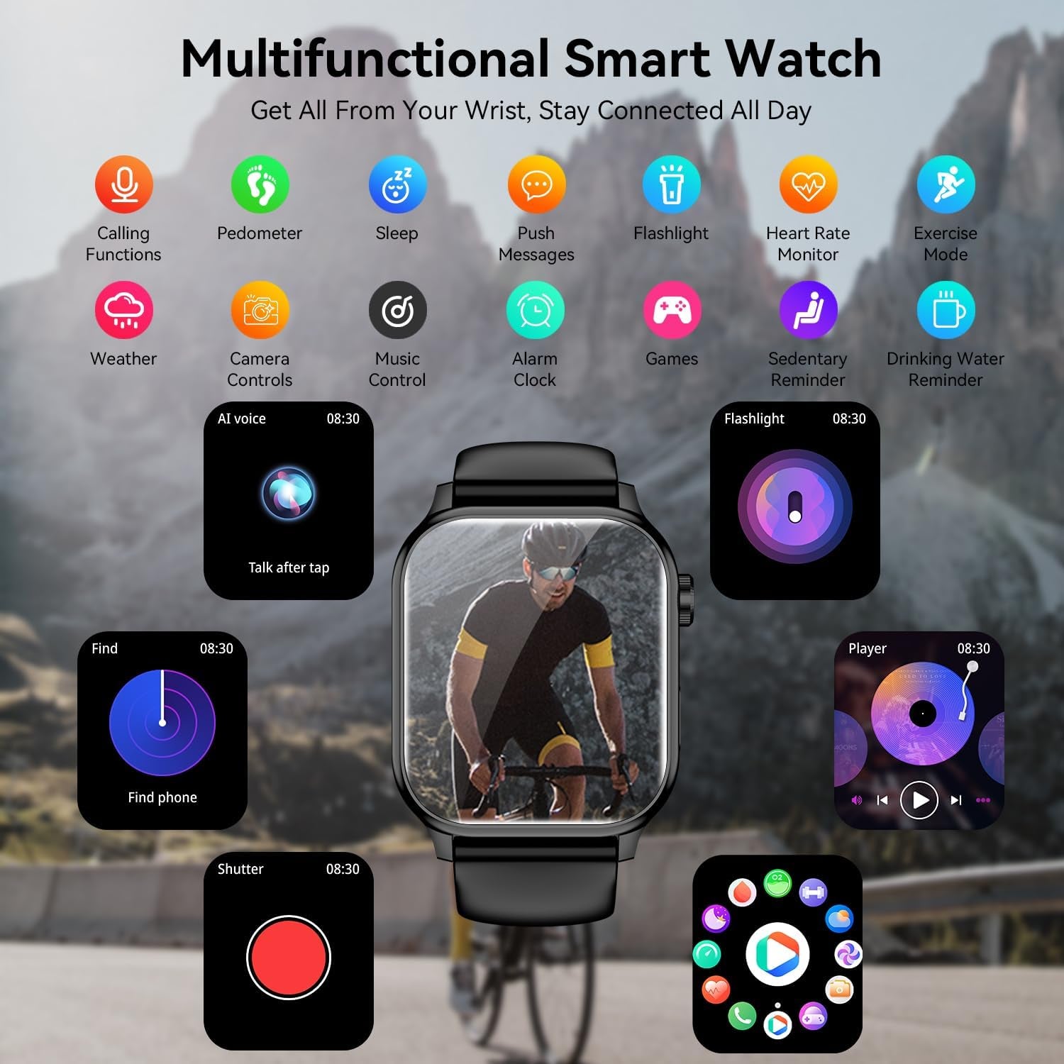 Premium Bluetooth Smart Watch for Men and Women - 1.85" HD Touch Screen Fitness Tracker with IP67 Waterproof Rating, Heart Rate and Sleep Monitoring, 100+ Sports Modes, Compatible with iOS and Android (Black)