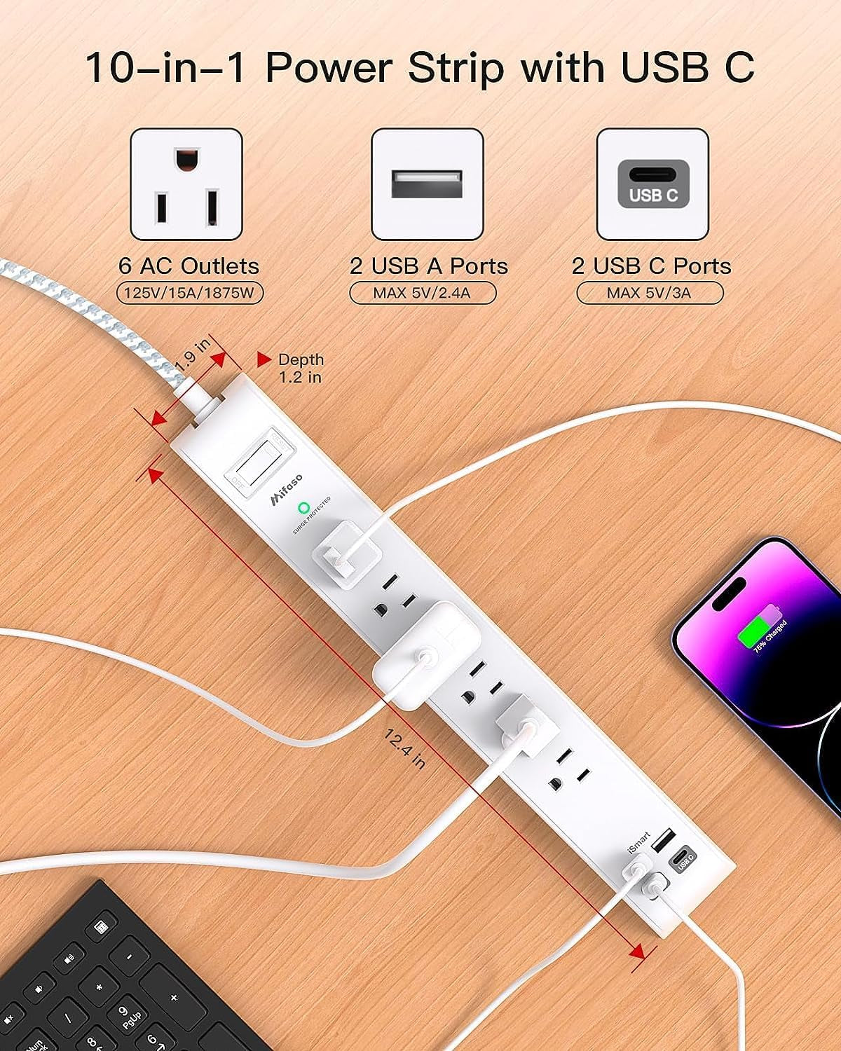 Dual Pack Power Strip - Surge Protector with 6 Outlets and 4 USB Charging Ports, 5Ft Braided Extension Cord, Flat Plug, Overload Protection, Wall Mount for Home and Office Use