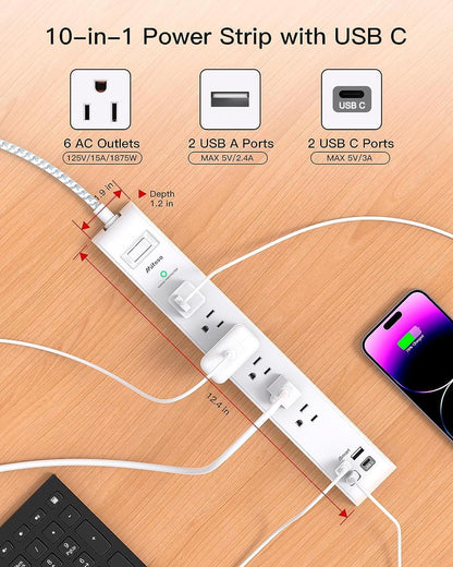 Dual Pack Power Strip - Surge Protector with 6 Outlets and 4 USB Charging Ports, 5Ft Braided Extension Cord, Flat Plug, Overload Protection, Wall Mount for Home and Office Use