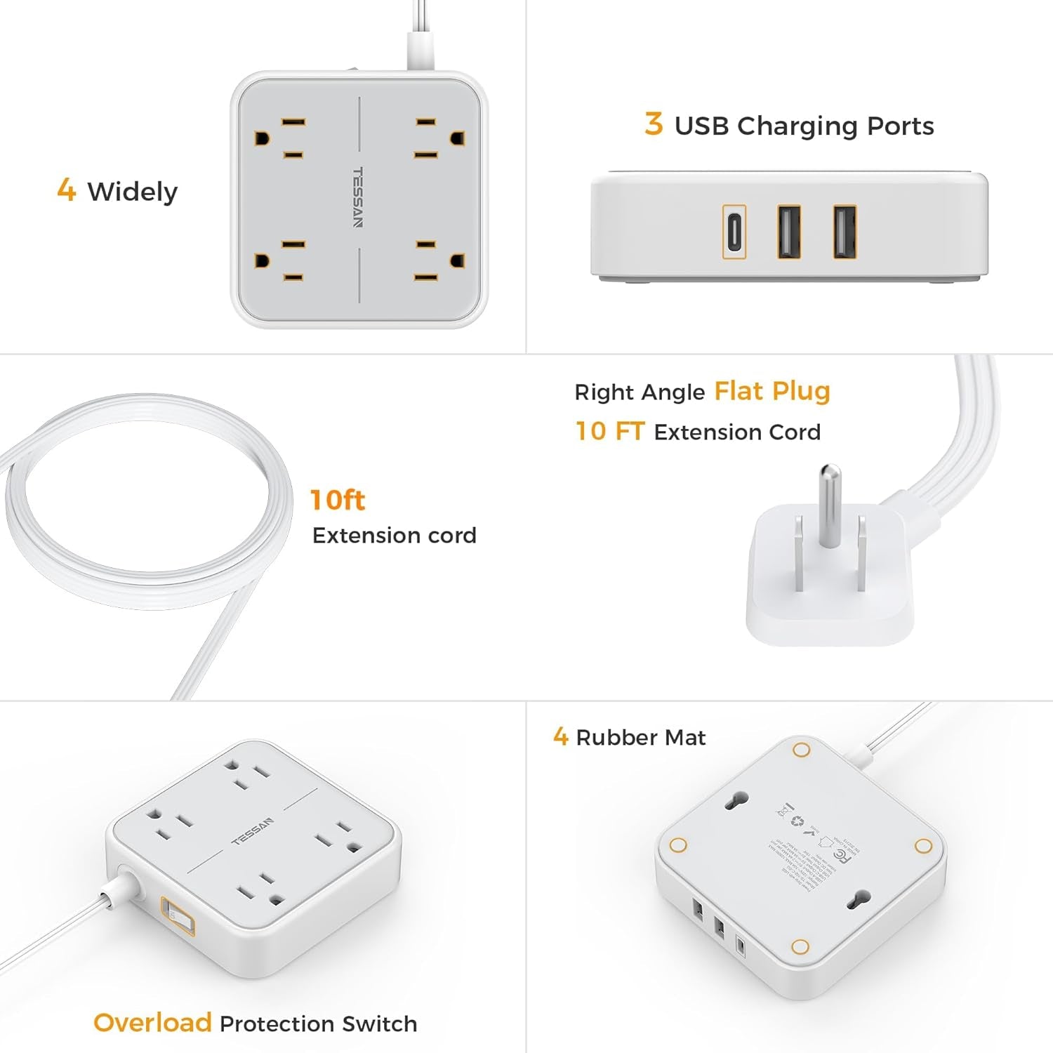 Flat Plug Power Bars Surge Protector, Flat Extension Cord Indoor 10 Feet, Power Strip with 4 Multiple Outlets 3 USB Ports (1 USB C), Surge Protection for Dorm Room Home Office, Gray
