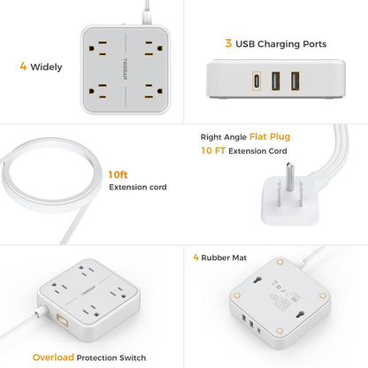 Flat Plug Power Bars Surge Protector, Flat Extension Cord Indoor 10 Feet, Power Strip with 4 Multiple Outlets 3 USB Ports (1 USB C), Surge Protection for Dorm Room Home Office, Gray