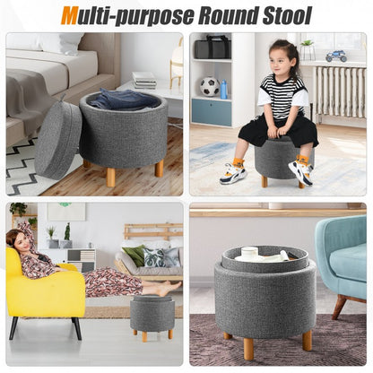 Round Fabric Storage Ottoman with Tray and Non-Slip Pads for Bedroom Organization