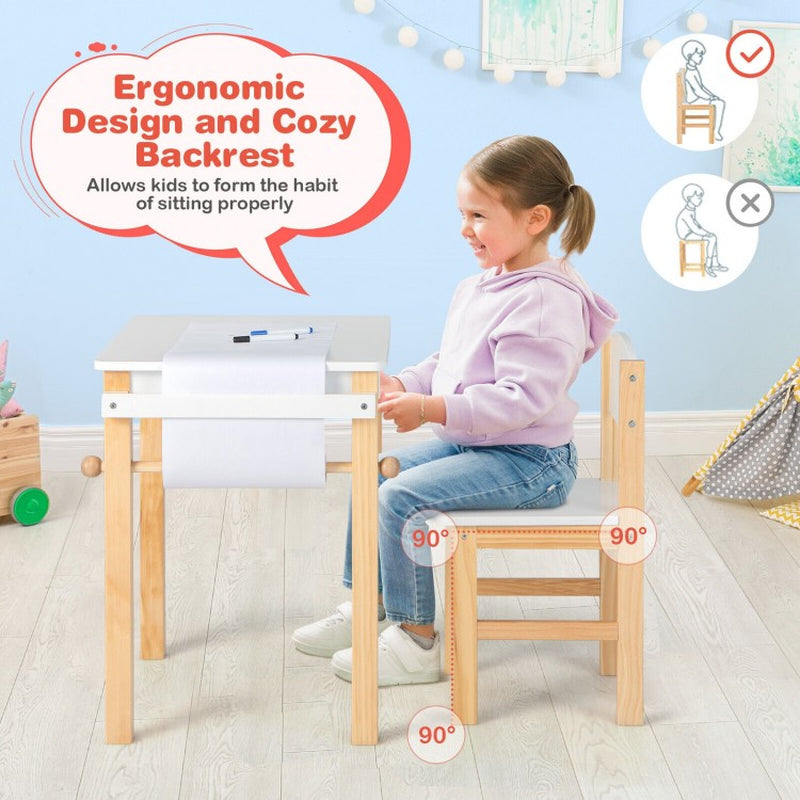 Children's Art Table and Chair Set with Storage Drawer, Paper Roll, and Two Markers
