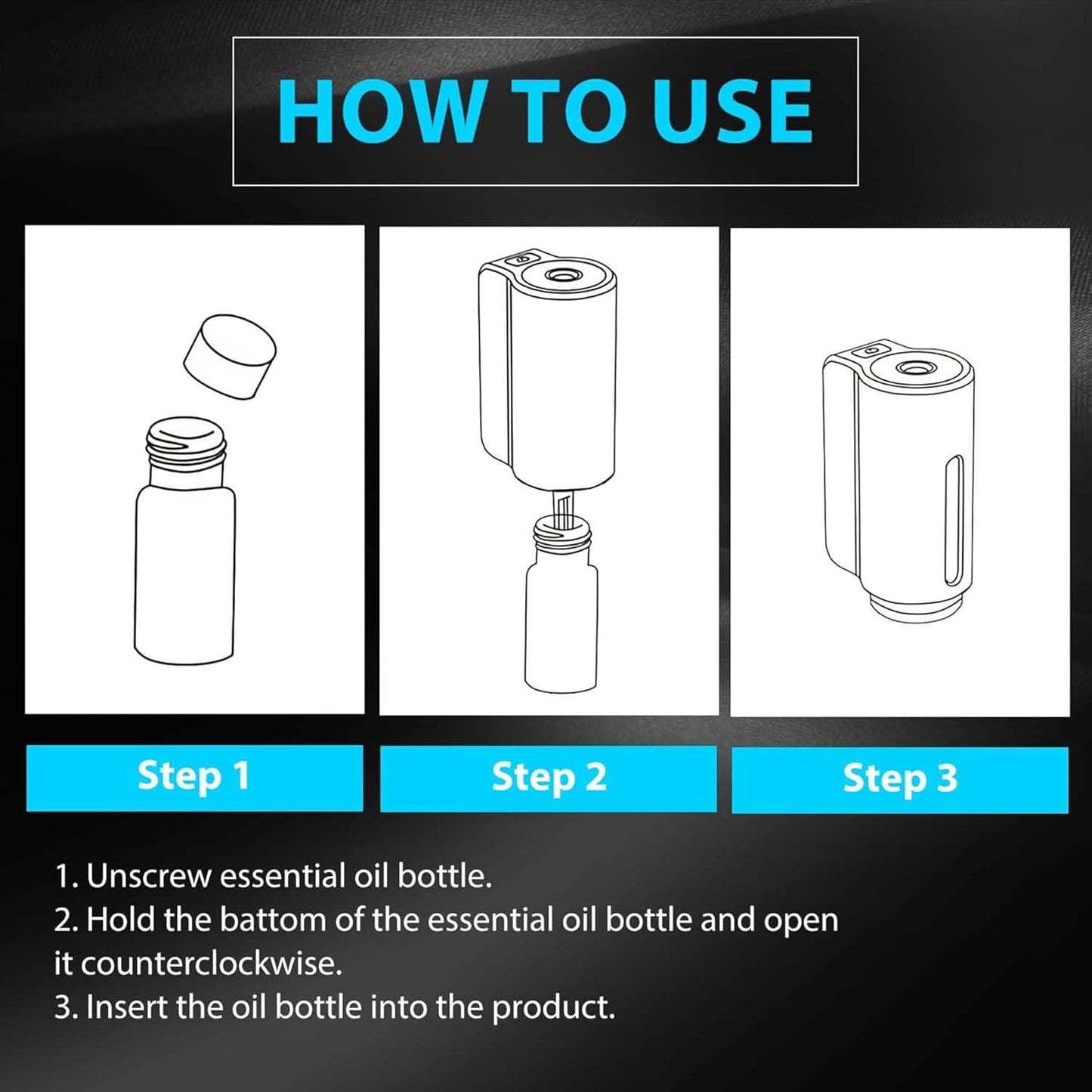 Rechargeable Car Air Freshener Diffuser with Adjustable Aroma Settings and Three Essential Oil Bottles