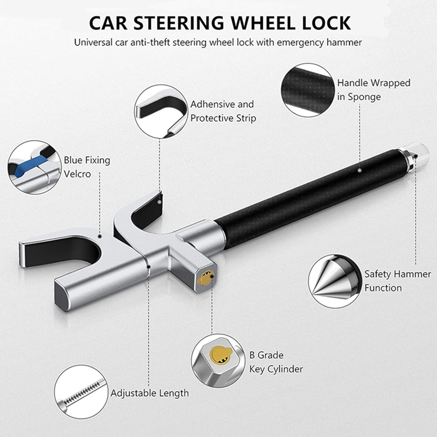 Universal Car Steering Wheel Lock - Anti-Theft Security Device for Auto, Truck, and SUV with 3 Keys (Black)