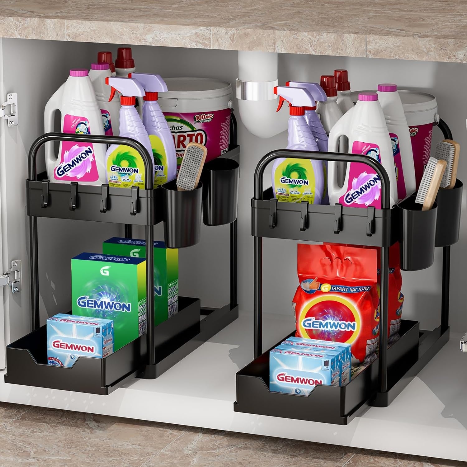 2-Pack 2-Tier Under Sink Organizer with Sliding Design, Hooks, and Hanging Cups for Kitchen and Bathroom Storage - Black