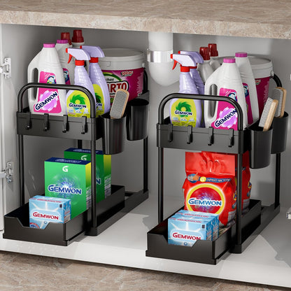 2-Pack 2-Tier Under Sink Organizer with Sliding Design, Hooks, and Hanging Cups for Kitchen and Bathroom Storage - Black