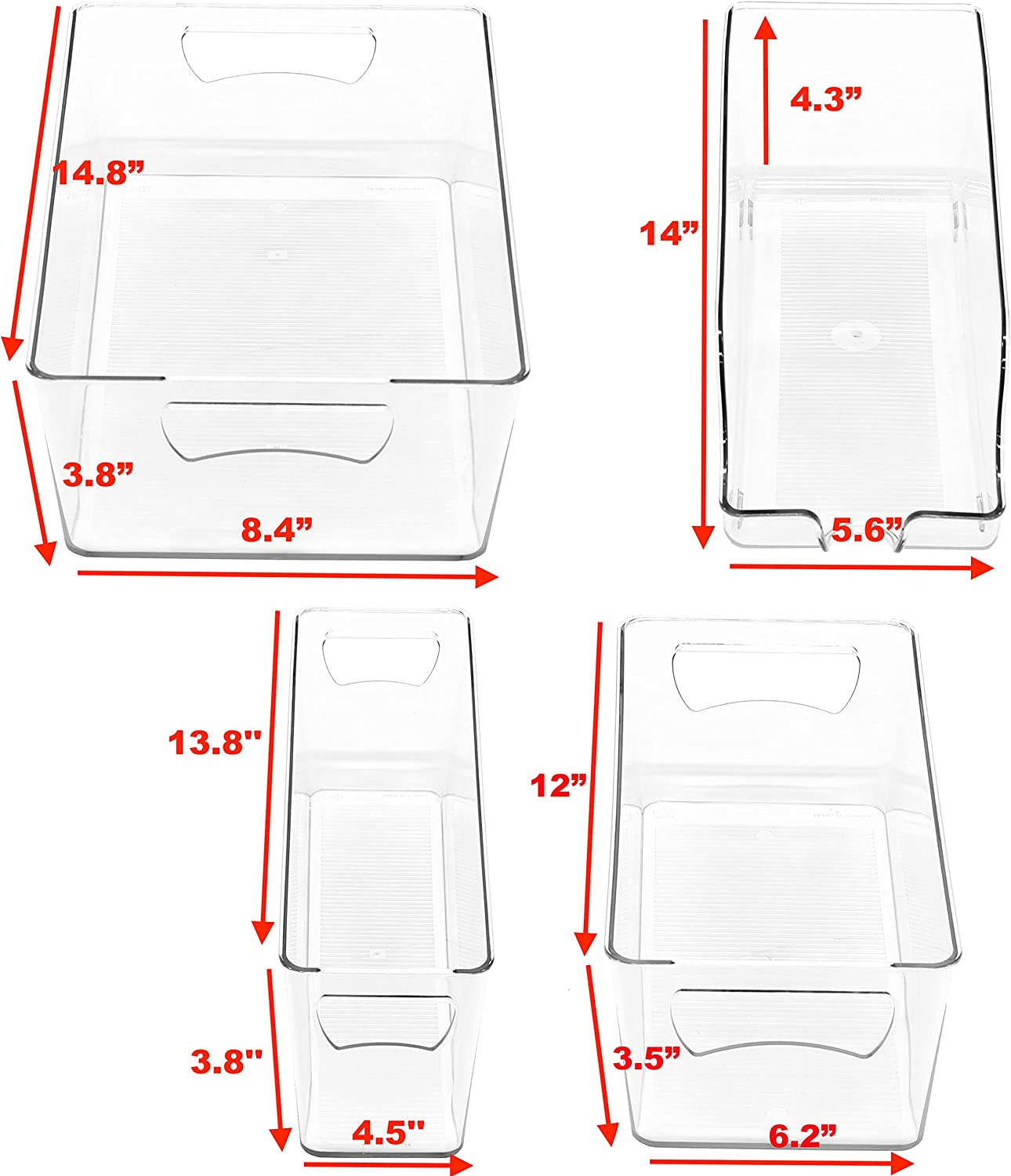 Clear Storage Bins for Freezer and Kitchen Pantry Organization, Set of 6 (2 Large, 2 Long, 1 Standard, 1 Medium)
