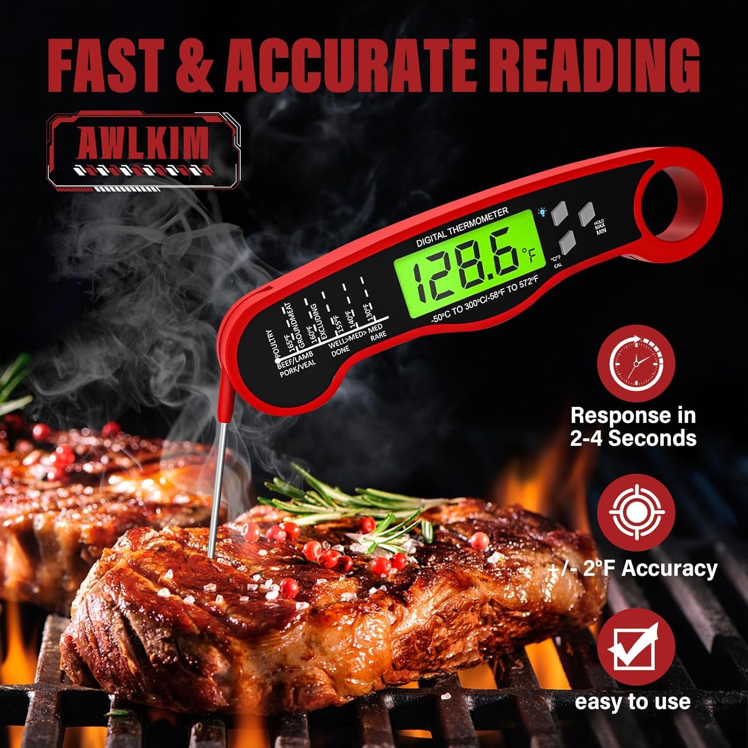 Digital Meat Thermometer - Instant Read Food Thermometer - Waterproof, Backlit Display, and Hold Function - Red