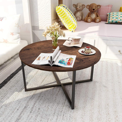 Round Coffee Table with X Base Metal Frame, Accent Furniture for Home Office, Black and Brown