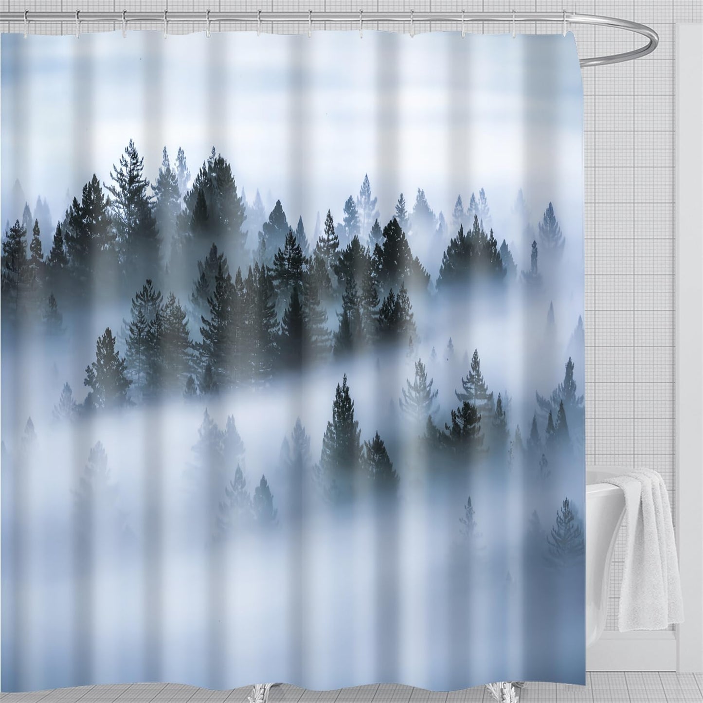 Waterproof Fabric Shower Curtain featuring Banff National Park Smoky Mountain Design, 12 Hooks, 71" x 71" (180 cm x 180 cm), Dark Gray