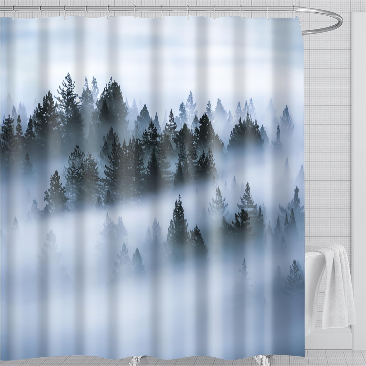 Waterproof Fabric Shower Curtain featuring Banff National Park Smoky Mountain Design, 12 Hooks, 71" x 71" (180 cm x 180 cm), Dark Gray