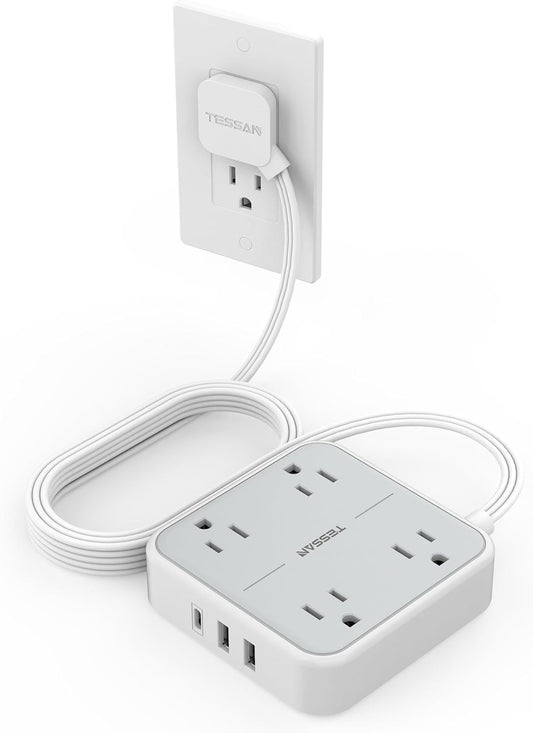 Flat Plug Power Bars Surge Protector, Flat Extension Cord Indoor 10 Feet, Power Strip with 4 Multiple Outlets 3 USB Ports (1 USB C), Surge Protection for Dorm Room Home Office, Gray