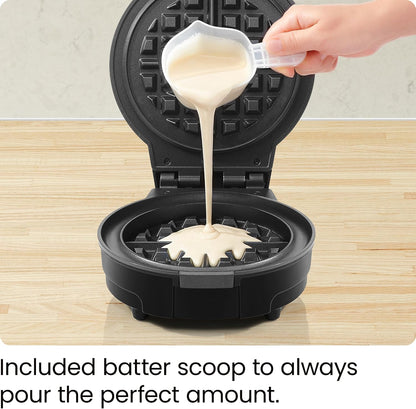 Professional Anti-Overflow Belgian Waffle Maker with Shade Selector, Temperature Control, Mess-Free Moat, Round Nonstick Plates, Cool Touch Handle, and Measuring Cup - Black