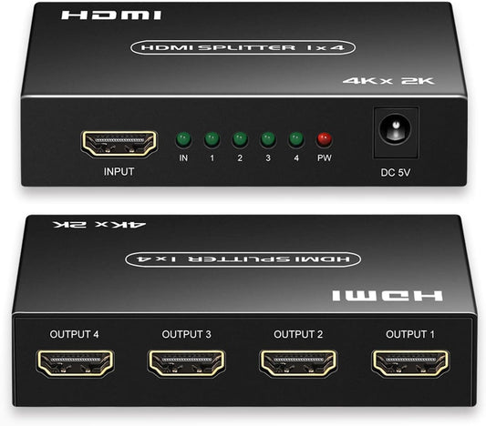 HDMI Splitter 1x4 - Supports 4K@60Hz, Full HD 1080P & 3D, Compatible with Xbox, PS3/4, Roku, and Blu-Ray Players