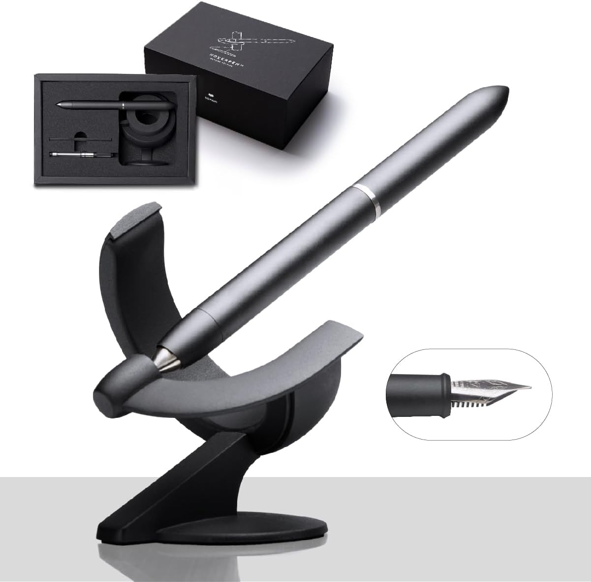 Hoverpen Future Edition - Luxury Fountain and Rollerball Pen Gift Set, Fine Nib, Futuristic Design, Metal Construction, Executive Spinning Pen, Ideal Gifts for Men (Deep Black)
