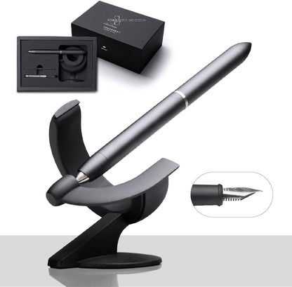 Hoverpen Future Edition - Luxury Fountain and Rollerball Pen Gift Set, Fine Nib, Futuristic Design, Metal Construction, Executive Spinning Pen, Ideal Gifts for Men (Deep Black)