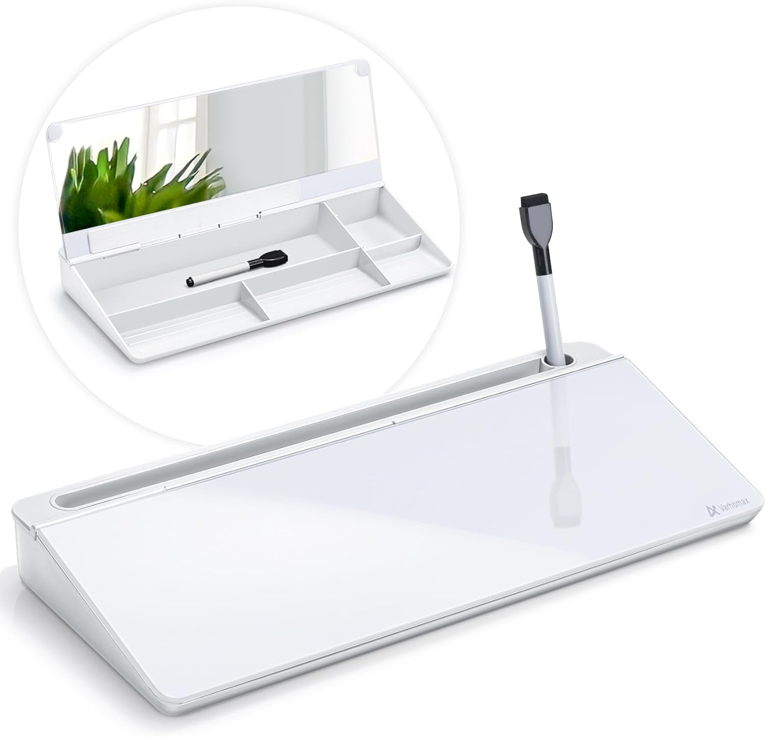 Dry Erase Glass Desk Whiteboard with Storage Caddy - Desktop Memo Notepad for Home Office and School (Gray)