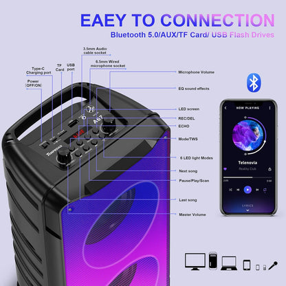 Portable 60W Bluetooth Speakers with Rich Bass, FM Radio, Colorful Lights, TWS Pairing, and 10000mAh Battery 