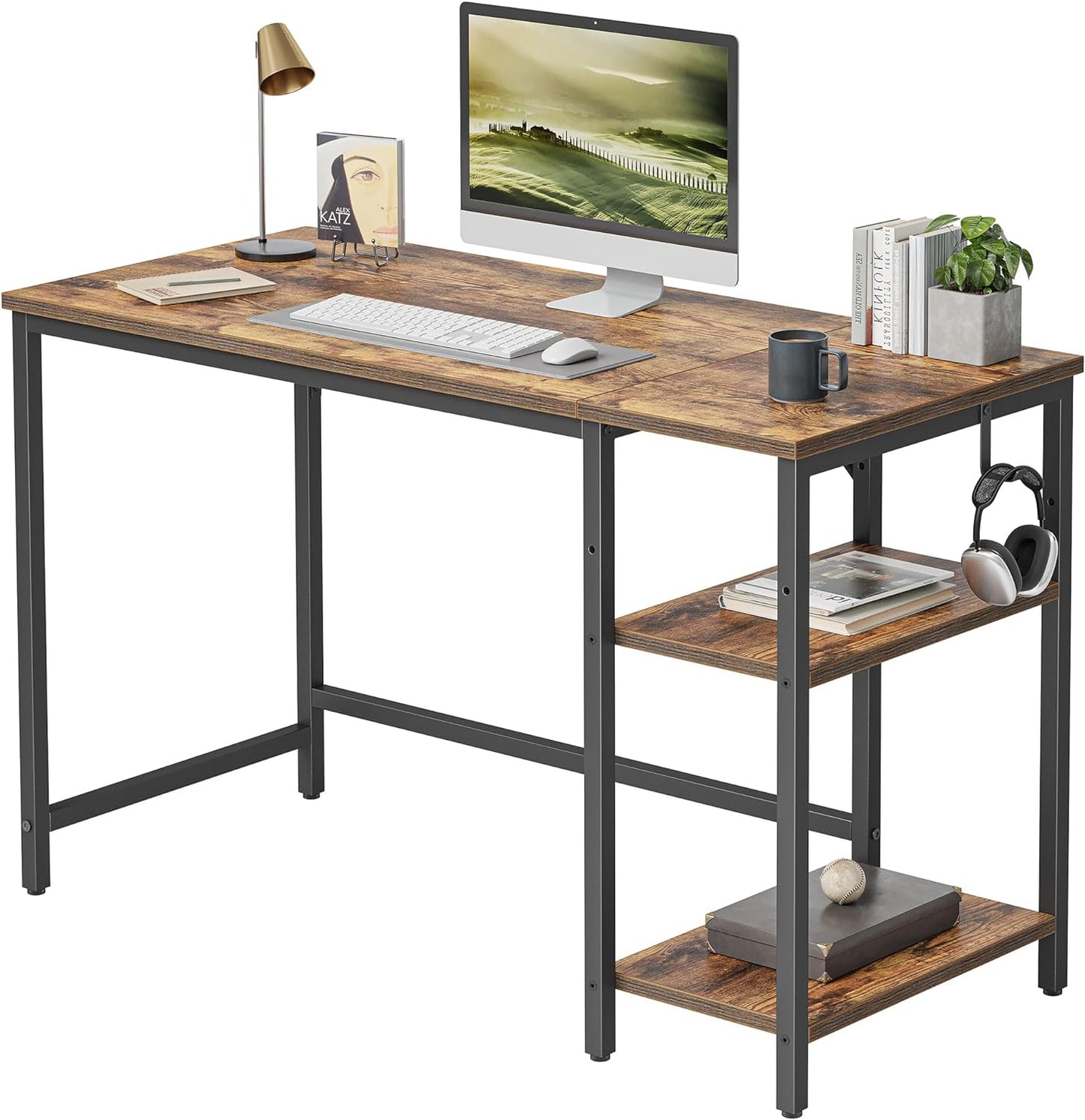 Modern 47-Inch Home Office Desk with Storage Shelves and Splice Board, Brown and Black Finish