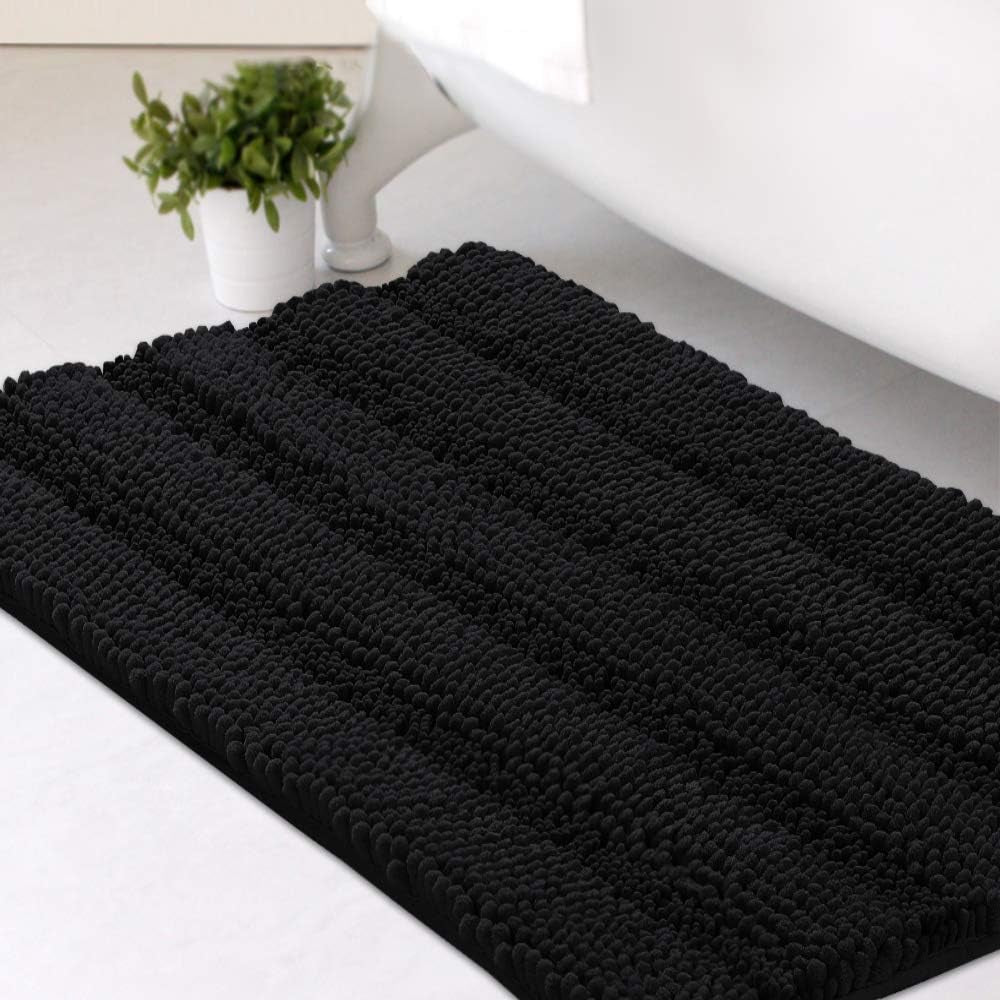Set of 2 Striped Anti-Slip Bath Mats - Soft Plush Chenille Shaggy Floor Mats  - Water Absorbent (Grey, 32 x 20 & 24 x 17 Inches)