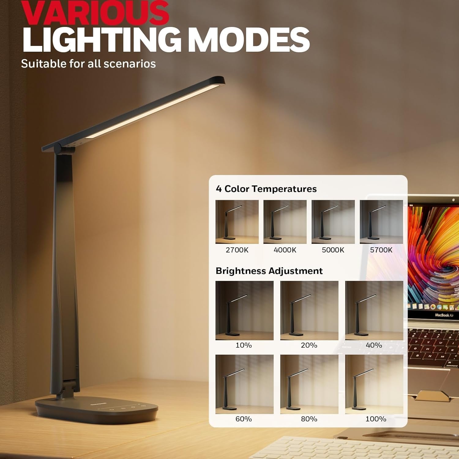 LED Desk Lamp - Eye-Caring, Foldable Design with USB Charging, 4 Color Modes, Stepless Dimming, Auto Timer, Touch Control 