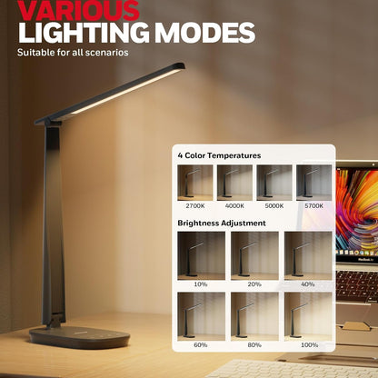 LED Desk Lamp - Eye-Caring, Foldable Design with USB Charging, 4 Color Modes, Stepless Dimming, Auto Timer, Touch Control 