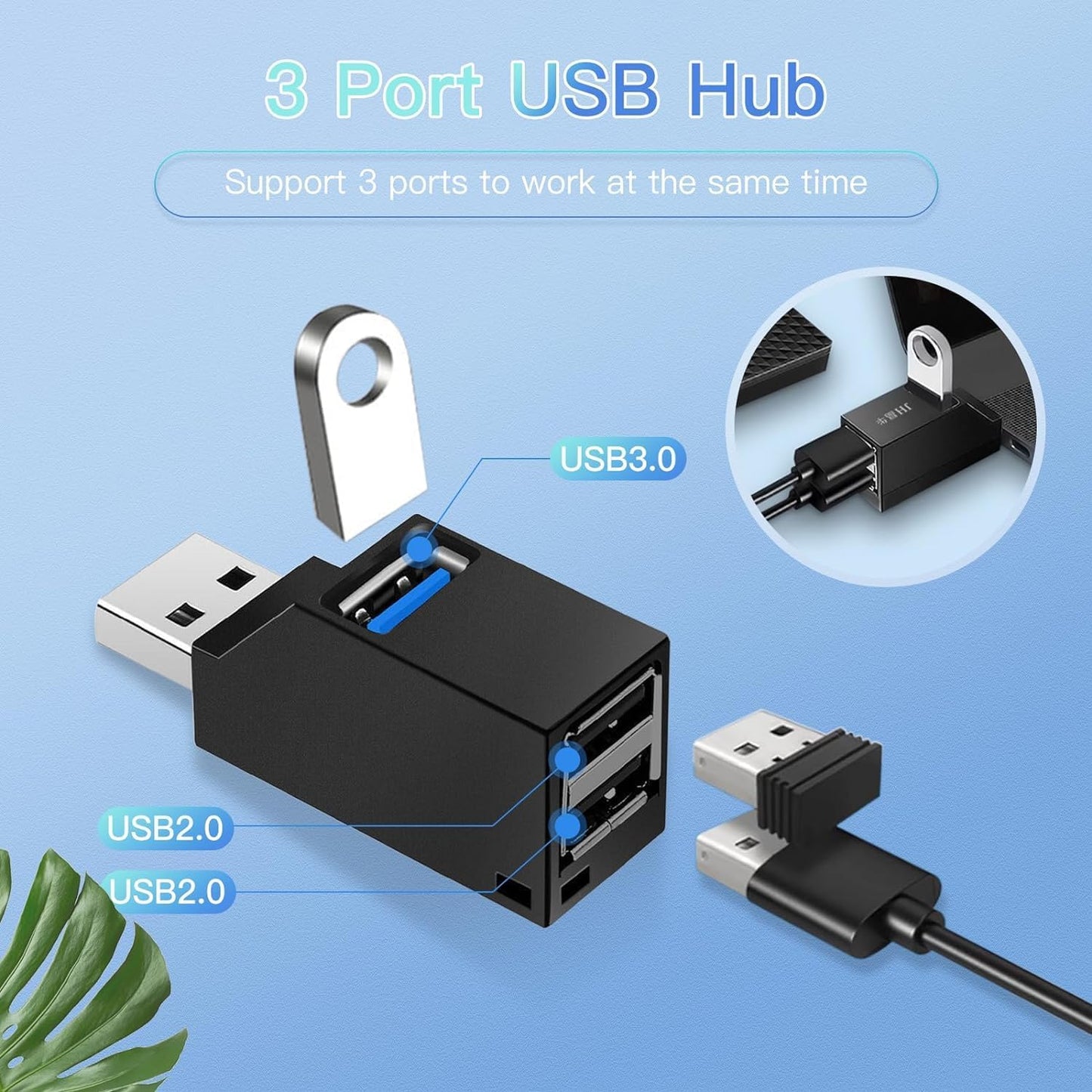 3-Port High-Speed USB Hub - Plug and Play Bus-Powered Splitter (Black)