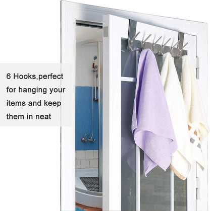 over the Door Hook Door Hanger:Over the Door Towel Rack with 6 Hooks for Hanging Coats,Door Coat Hanger Towel Hanger over Door Coat Rack for Towels,Clothes,Back of Bathroom,Silver