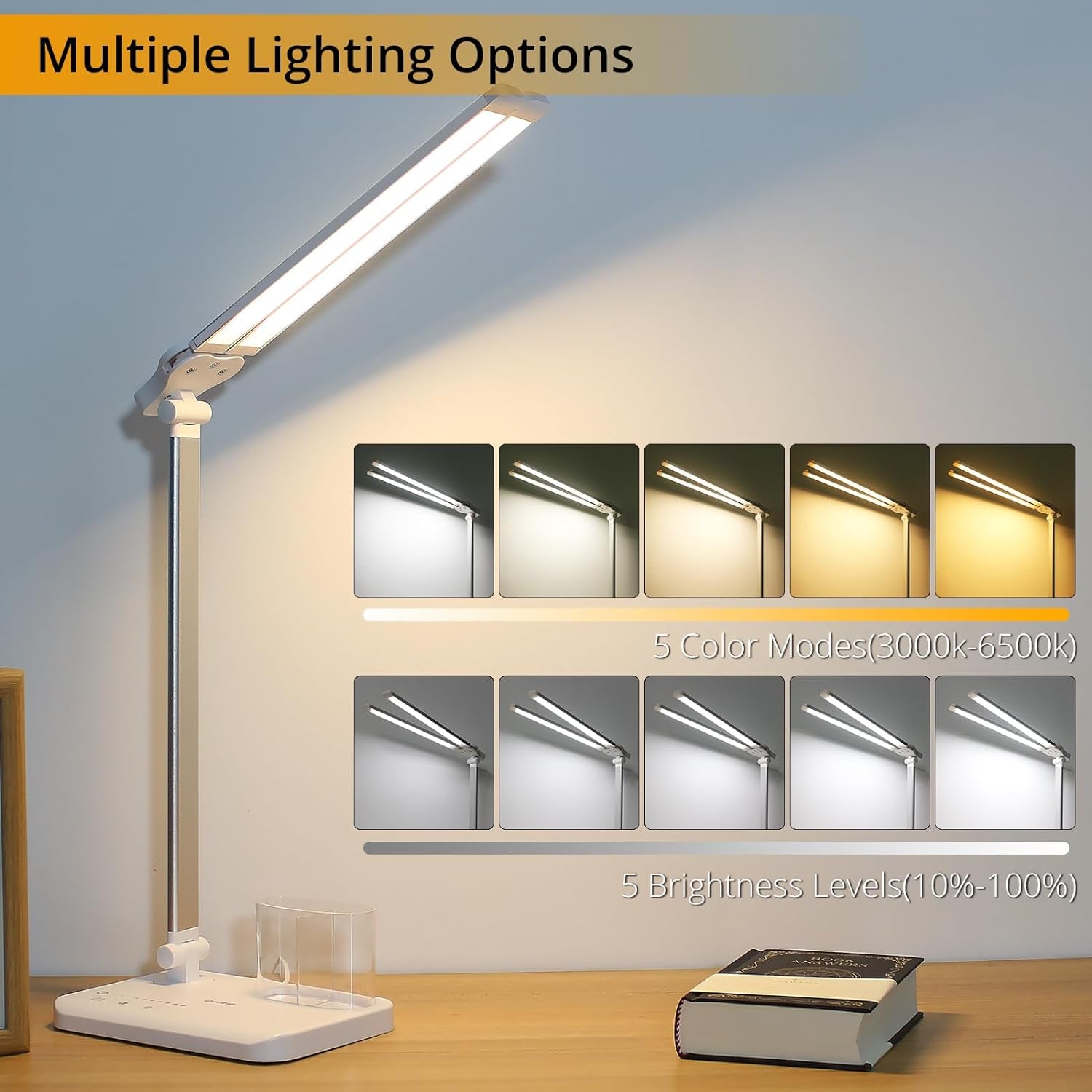 LED Desk Lamp with Touch Control, 5 Color Modes, Adjustable Brightness, Dual Swing Arm, USB Charging Port, Foldable Design, Auto Time, 5W