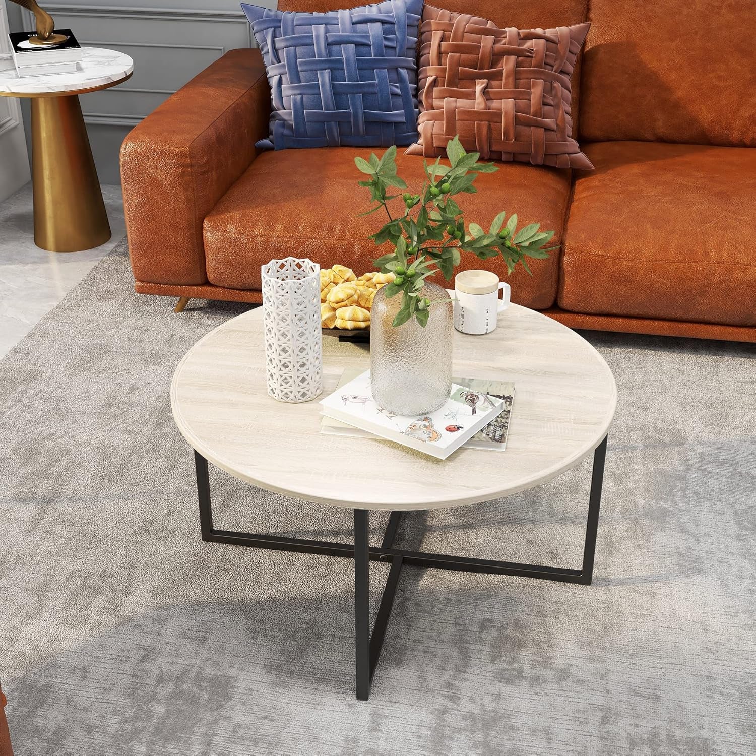 Round Coffee Table with X Base Metal Frame, Accent Furniture for Home Office, Black and Brown